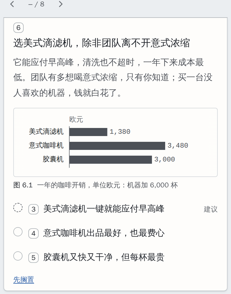 示例的卡片 6：橙色标签“选择”，三个选项，第一个标着“建议”
